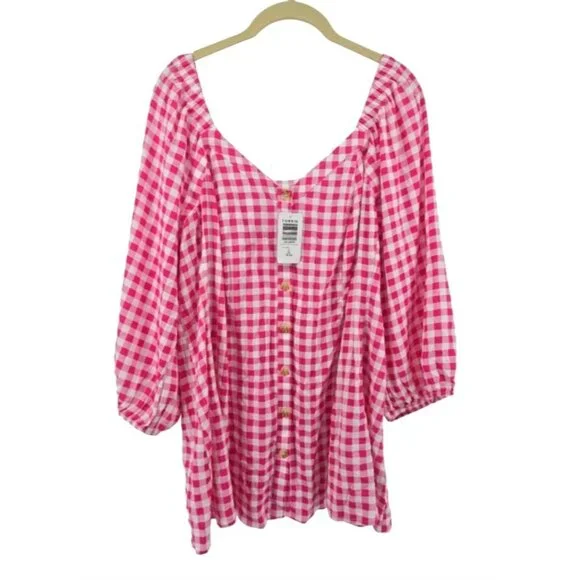 New Torrid Fit & Flare Button Up 3/4 Sleeve Pink Gingham Top Size 2X - Picture 8 of 11